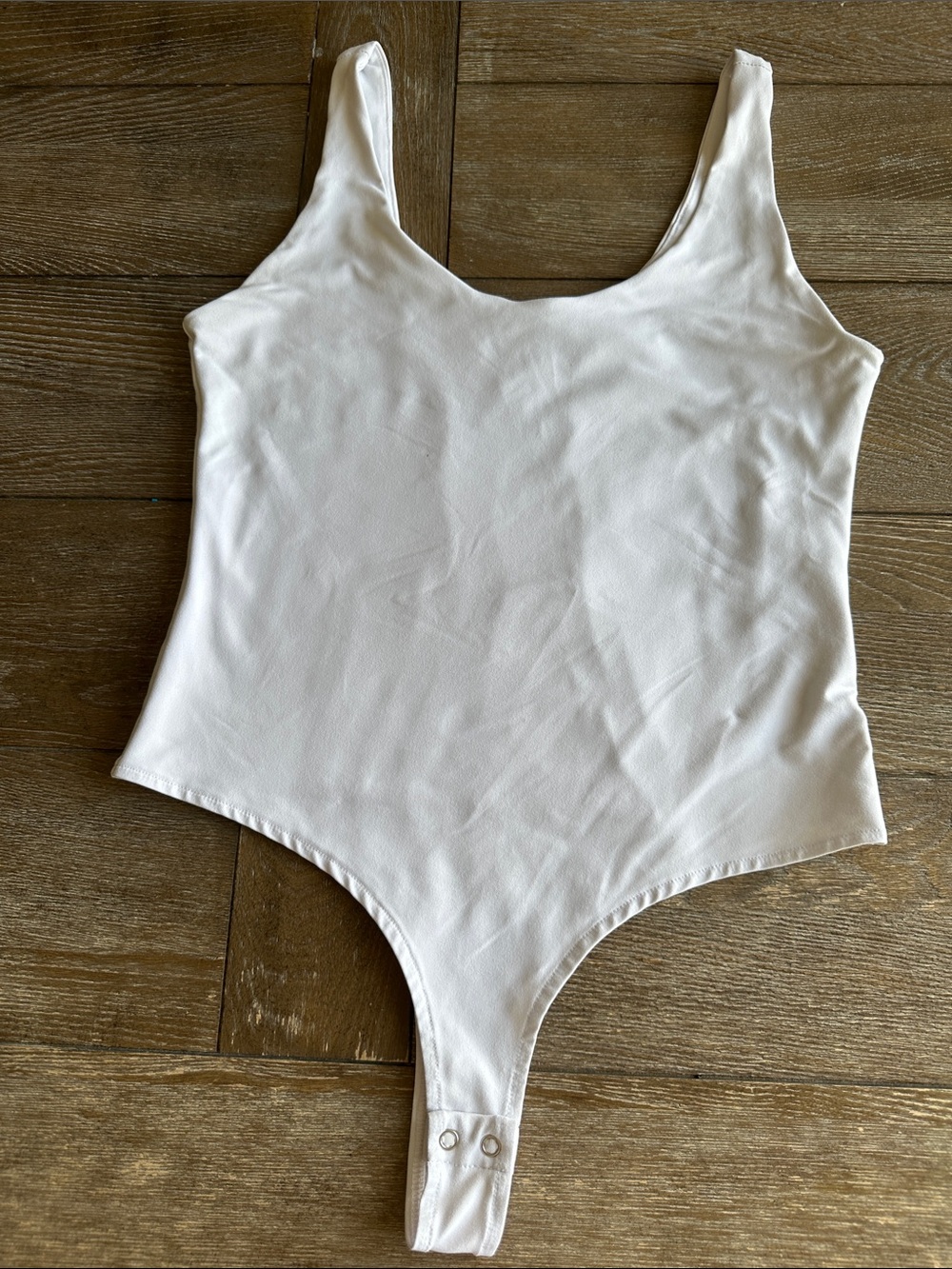 White Scoop Neck Bodysuit Women’s Large Thong Snap Closure Stretch Tank Top